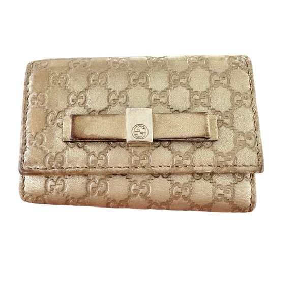 Authentic GUCCI Micro GG Bow Guccisima Champagne Gold Leather Card Key Holder - Picture 3 of 13